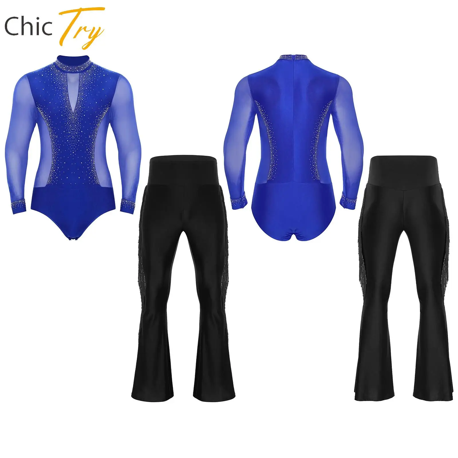

Mens Latin Cha-cha Dance Outfits Long Sleeve Rhinestone Mesh Bodysuit And High Waist Tassel Pants for Figure Skating Performance