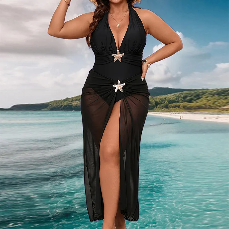 Plus Size 2 Piece Starfish Decor Halter One Piece Swimsuit With Sheer Mesh Split Maxi Cover Up Dress Deep V  Beach Bathing Suit