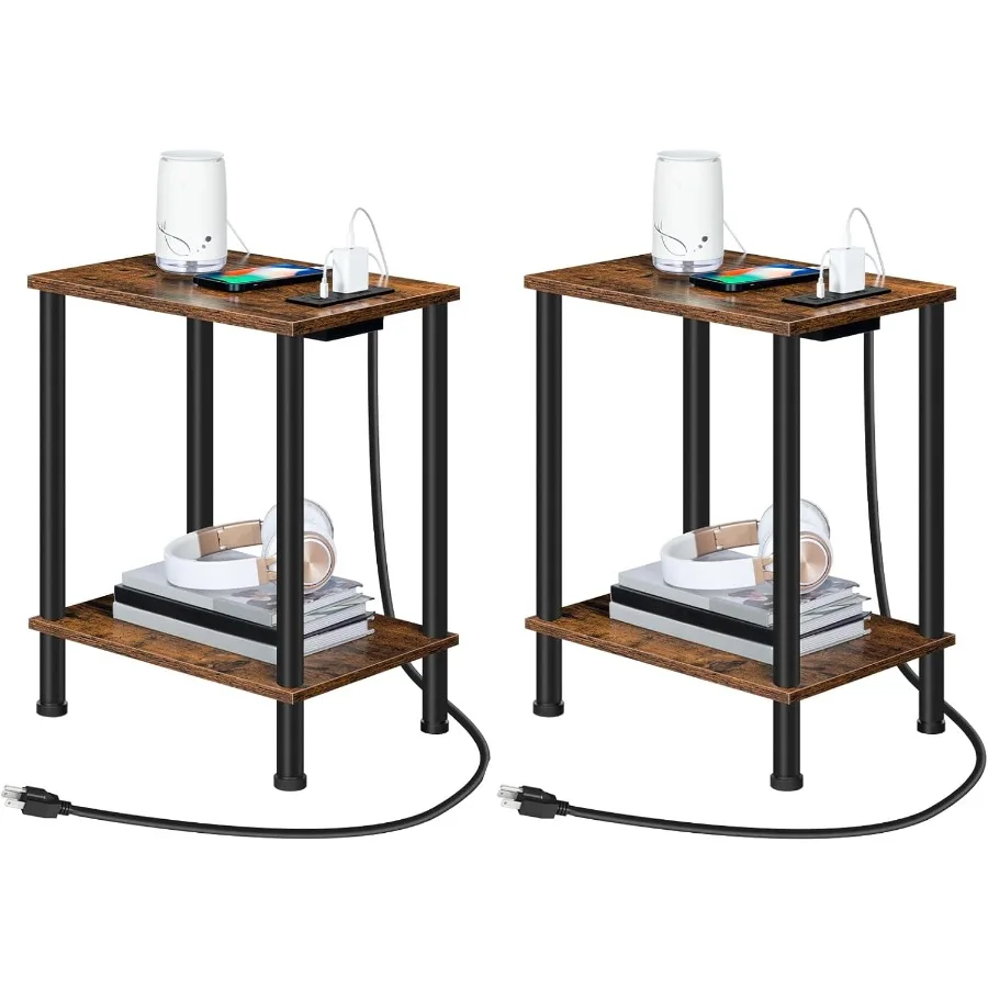 

Side Table with Charging Station Set of 2 End Tables with USB Port and Outlets Nightstand with 2-Layer Storage Shelves for Smal
