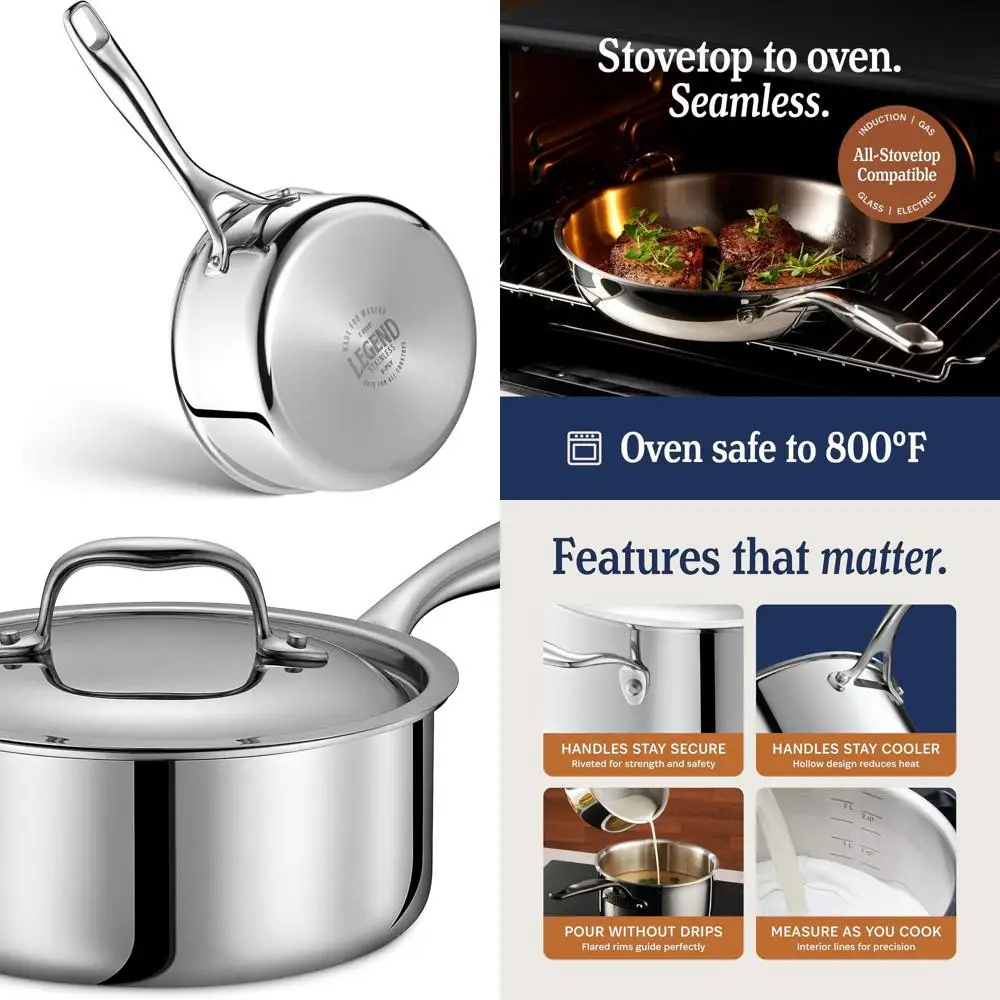 

2-Quart 5-Ply Stainless Steel Saucepan with Lid - Induction Ready, Oven Safe to 800°F, Non-Toxic, Even Heat, Durable for Generat