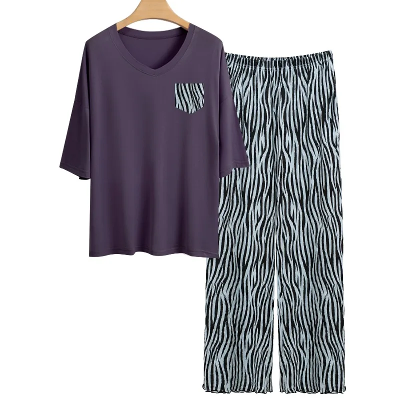 Lady's Loungewear Continental Style V Neck Pocket Short Sleeve Pajamas Sets Relaxed Tree Motif Pants Casual Homewear 2pcs