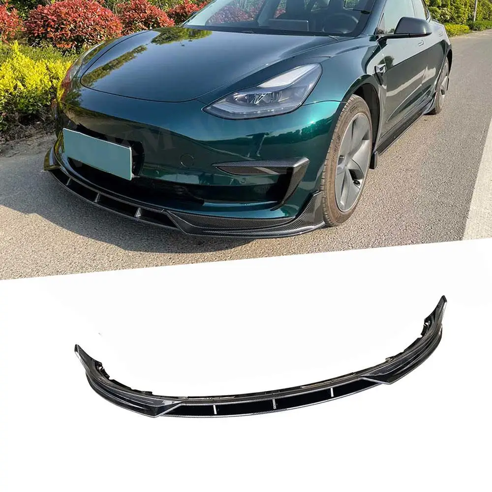 

4PCS Style Carbon Fiber Look Car Front Bumper Lip Spoiler Body Kits For Tesla Model 3 2016-2022 ABS Black