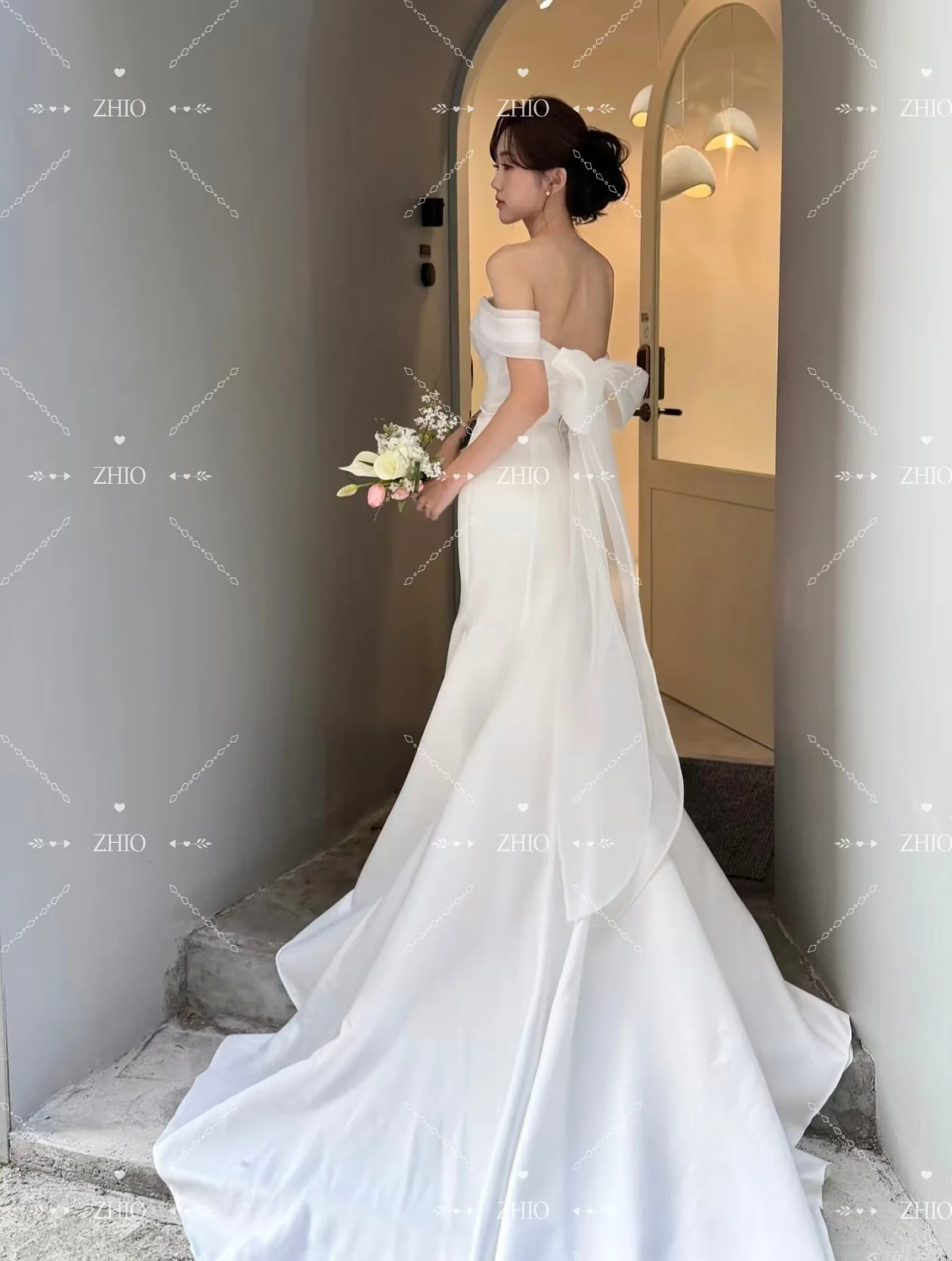 ZHIO فستان حورية البحر الساحر لحفلات الزفاف بكتف واحد ثوب مسائي كوري لالتقاط الصور فستان استقبال الزفاف مخصص لحفلات الزفاف #2