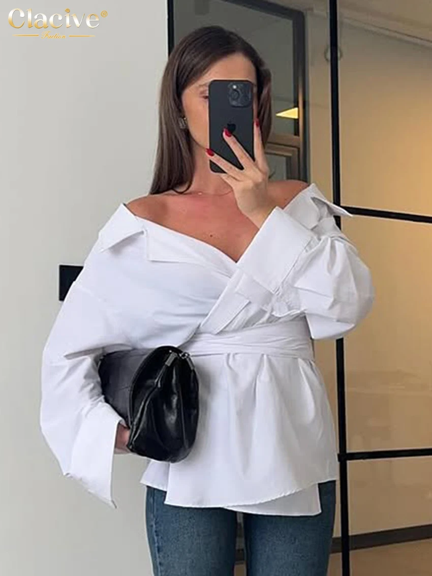 

Clacive Fashion Loose White Cotton Women Shirt 2025 Sexy V-Neck Long Sleeve Shirts Elegant Classic Lace-Up Tops Female Clothing