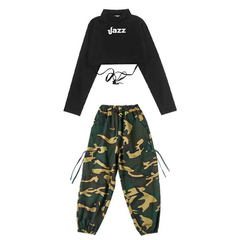 Girls Hip Hop Sweatshirt Cuff Camouflage Cargo Pants Outfits Children Joggers Street Dance Kids Streetwear Costumes Sportwear