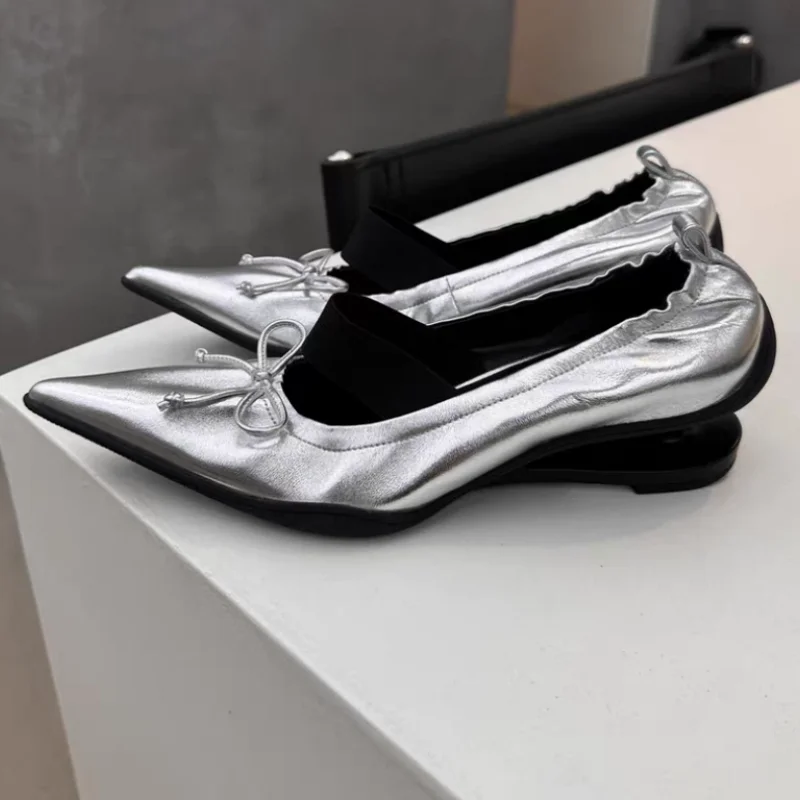 

Double Heels Shoes for Womens Pointed Toes Pleated Ladies Butterfly-knot Female Ballets Shallow Zapatos Mujer Pleated Chassure