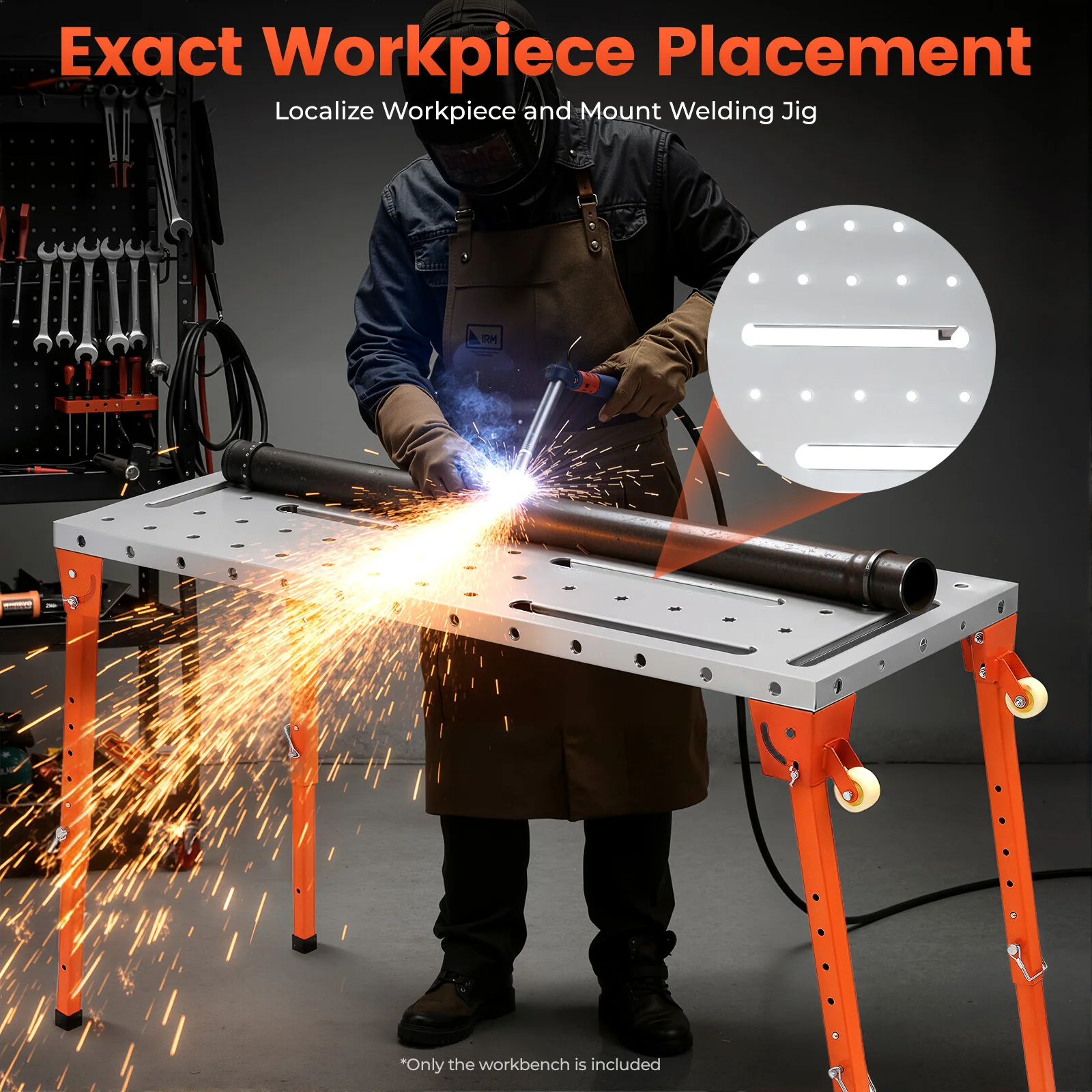 Foldable Steel Welding Workbench Table With Adjustable Height, Heavy Duty Welding Table With Precise Positioning Holes & Nylon Casters For Workshop Welding Drilling Sawing