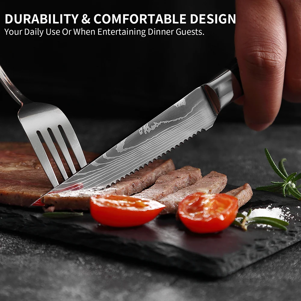 XITUO Steak Knife Set Damascus Pattern Stainless Steel Serrated Knife Beef Cleaver Multipurpose Restaurant Cutlery Table Knife