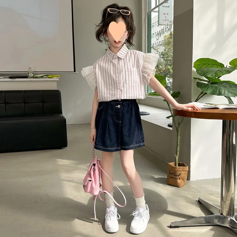 

Baby Girl Clothes Suit Girls 2024 Fancy Sleeve Lace Shorts Set Summer Girls Shirt Striped Shirt New Denim Culottes 2-piece Set