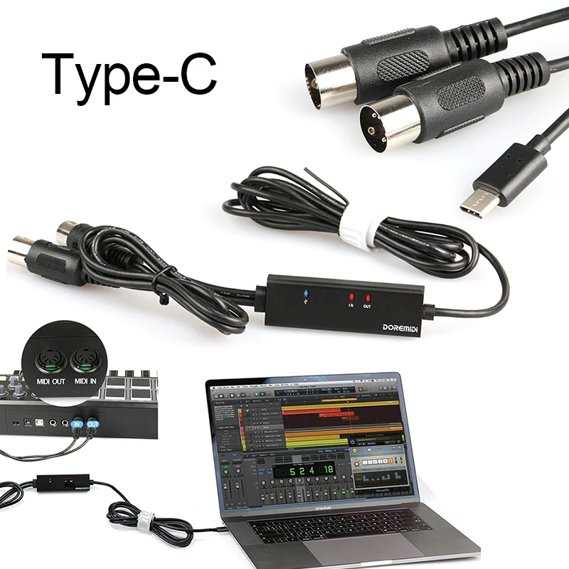 DOREMiDi-Cable MIDI a USB tipo C, convertidor con luz indicadora, para MacBook y Android