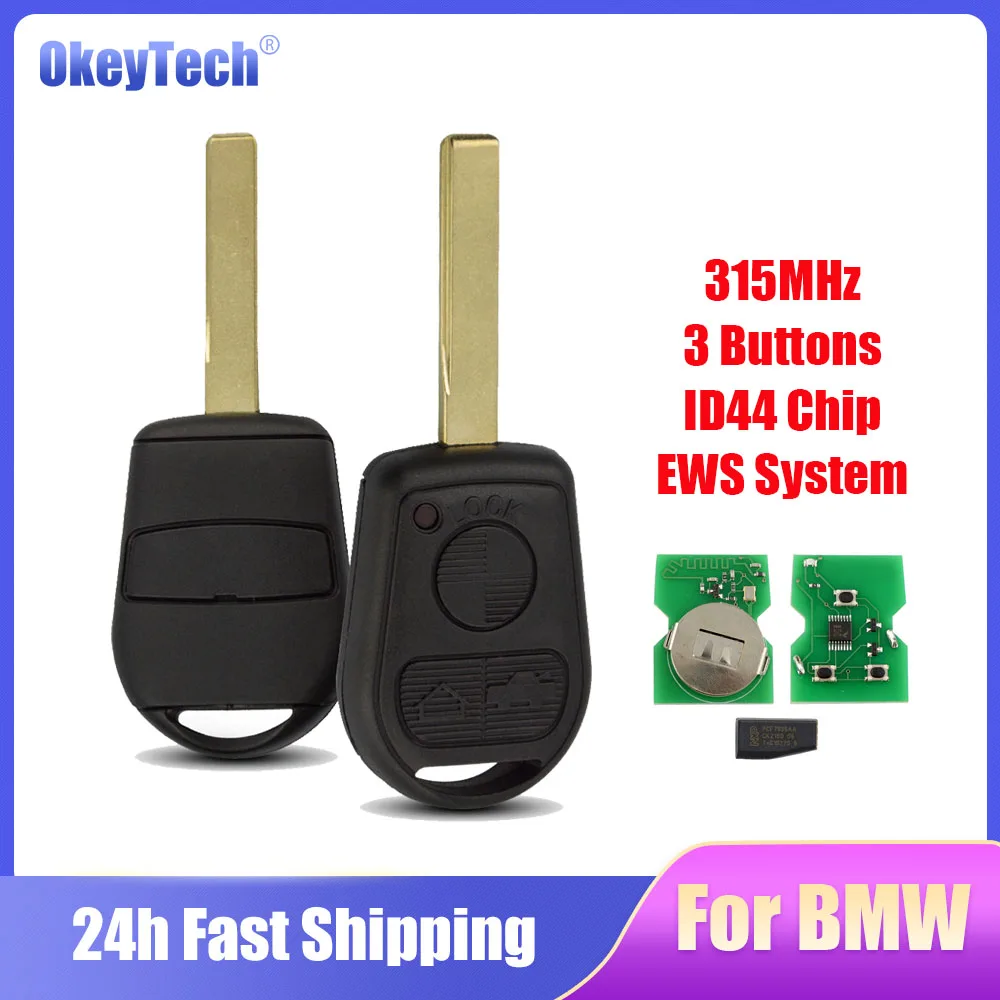 

OkeyTech 3 Buttons Remote Car Key 315Mhz ID44 Chip For BMW Z3 E31 E32 E34 E36 E38 E39 E46 Control Key HU92 Blade EWS System