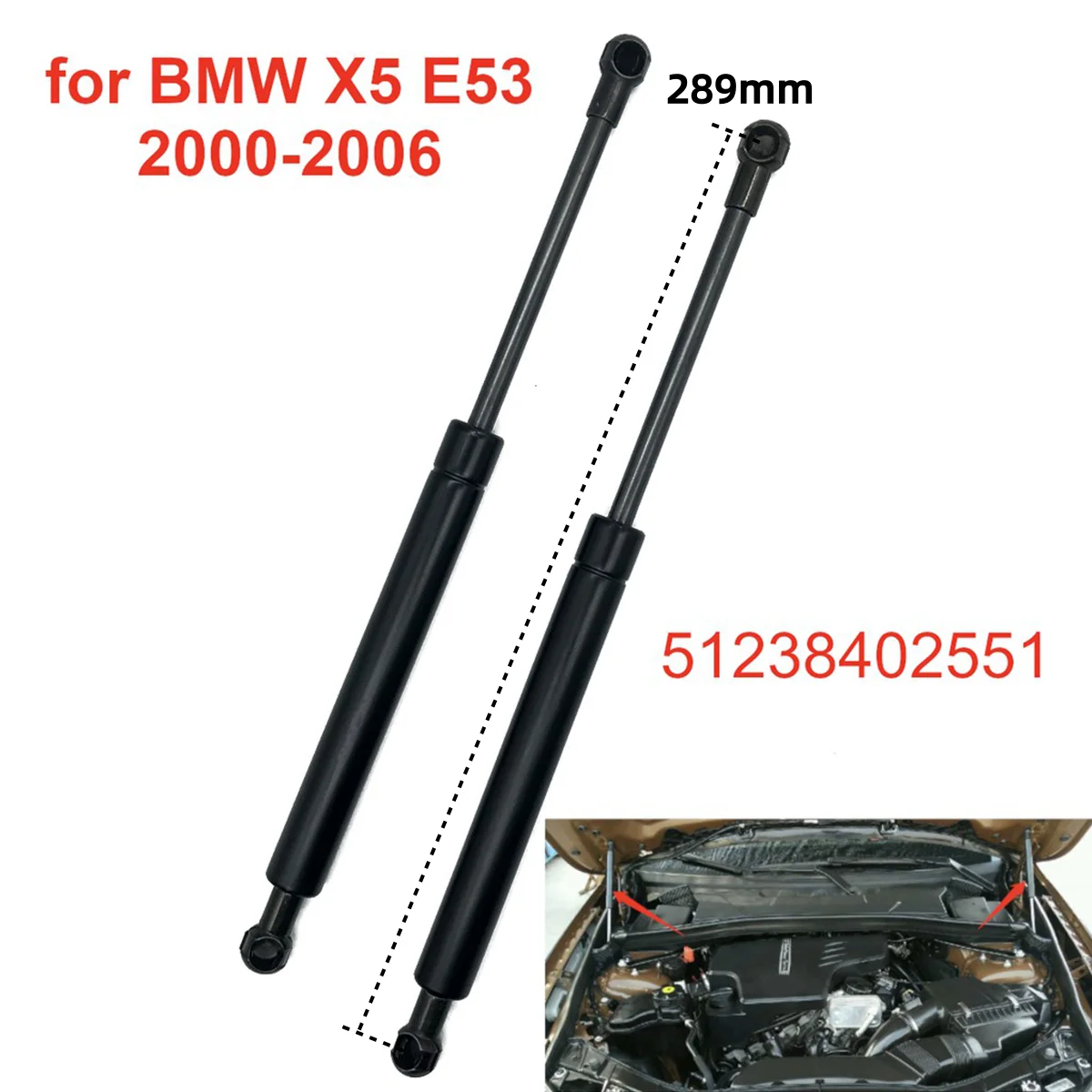 

2Pcs Car Front Bonnet Hood Gas Struts Lift Support Rod Bars Dampers 51238402551 for BMW X5 E53 1999-2006