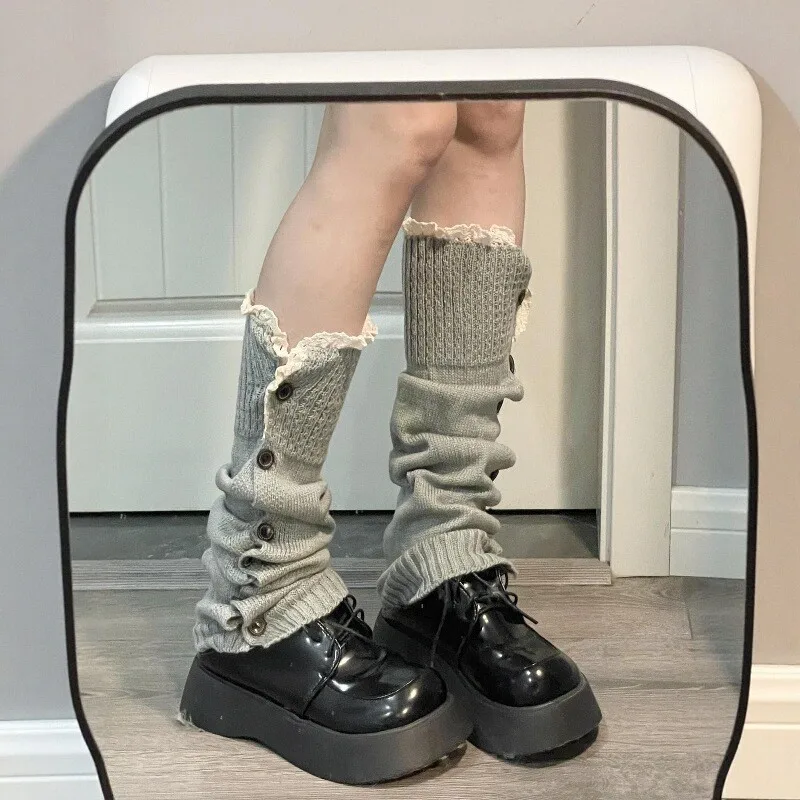 

Autumn Winter Knitted Leg Warmers Button Japanese Lolita Socks Women Knitted Warm Foot Cover Y2K Stockings Leg Warmers