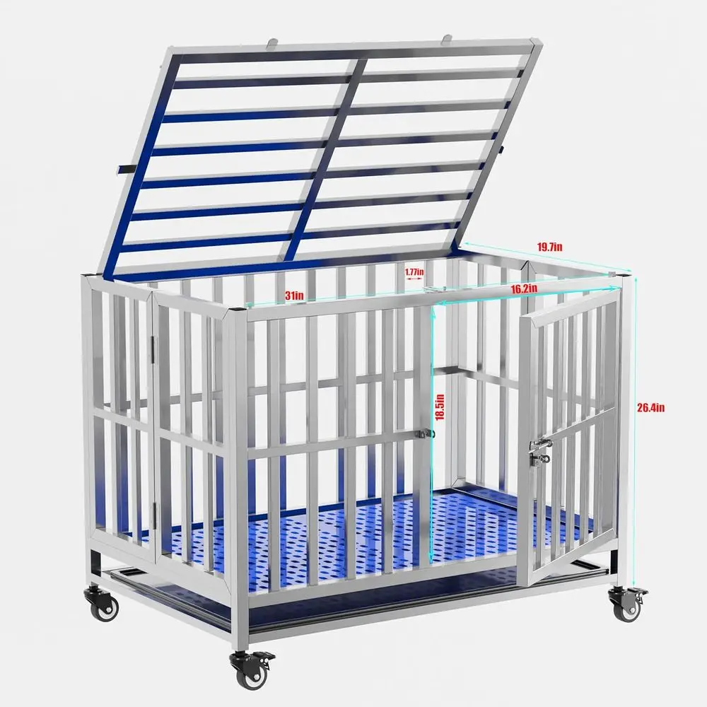 Folding Steel Dog Crate, 30-48 Sizes, Lockable Wheels, Tray Included, Stackable, Heavy-Duty, Divider Panel, Suitable for Indoor