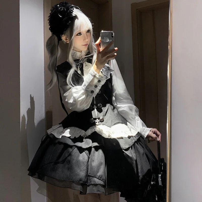 Roupa diária escuro goth lolita colete saia superior conjunto de correspondência primavera e outono 2025 japonês rojita 3 peça terno roupas femininas