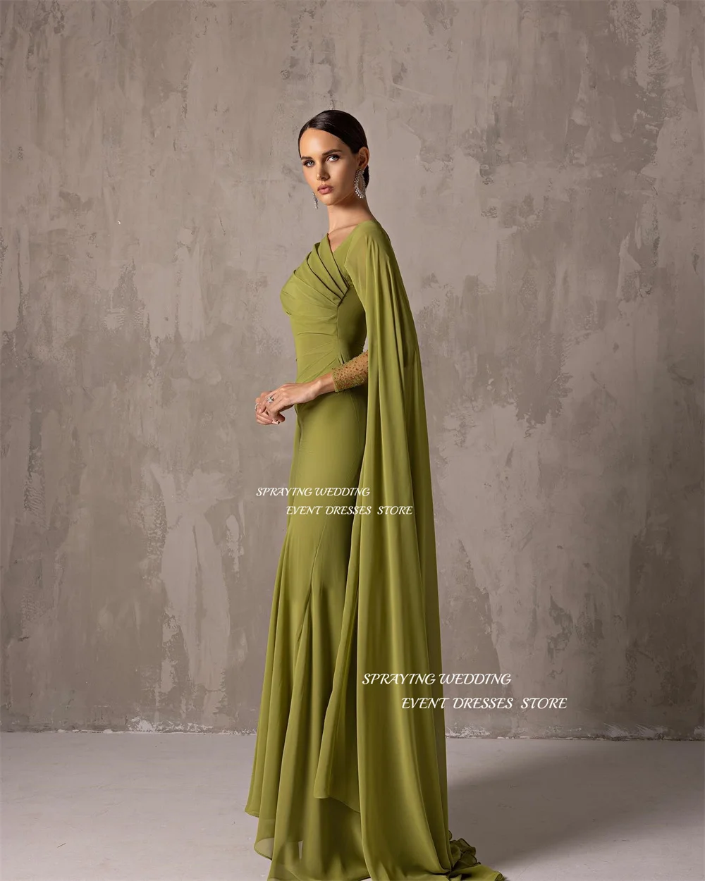 SPRAYING 2025 Simple Green A Line Evening Dress Saudi Arabia Chiffon Long Sleeve Prom Gown With Shawl Formal Occasion Dresses