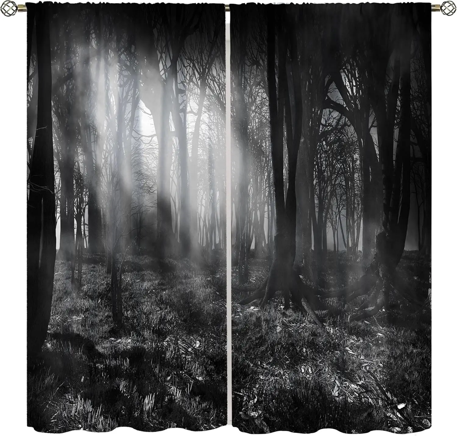 Gothic Dark Forest Curtains, Misty Nature Tree Landscape Window Drapes, Rod Pocket Vintage Decor for Bedroom LivingRoom Kitchen