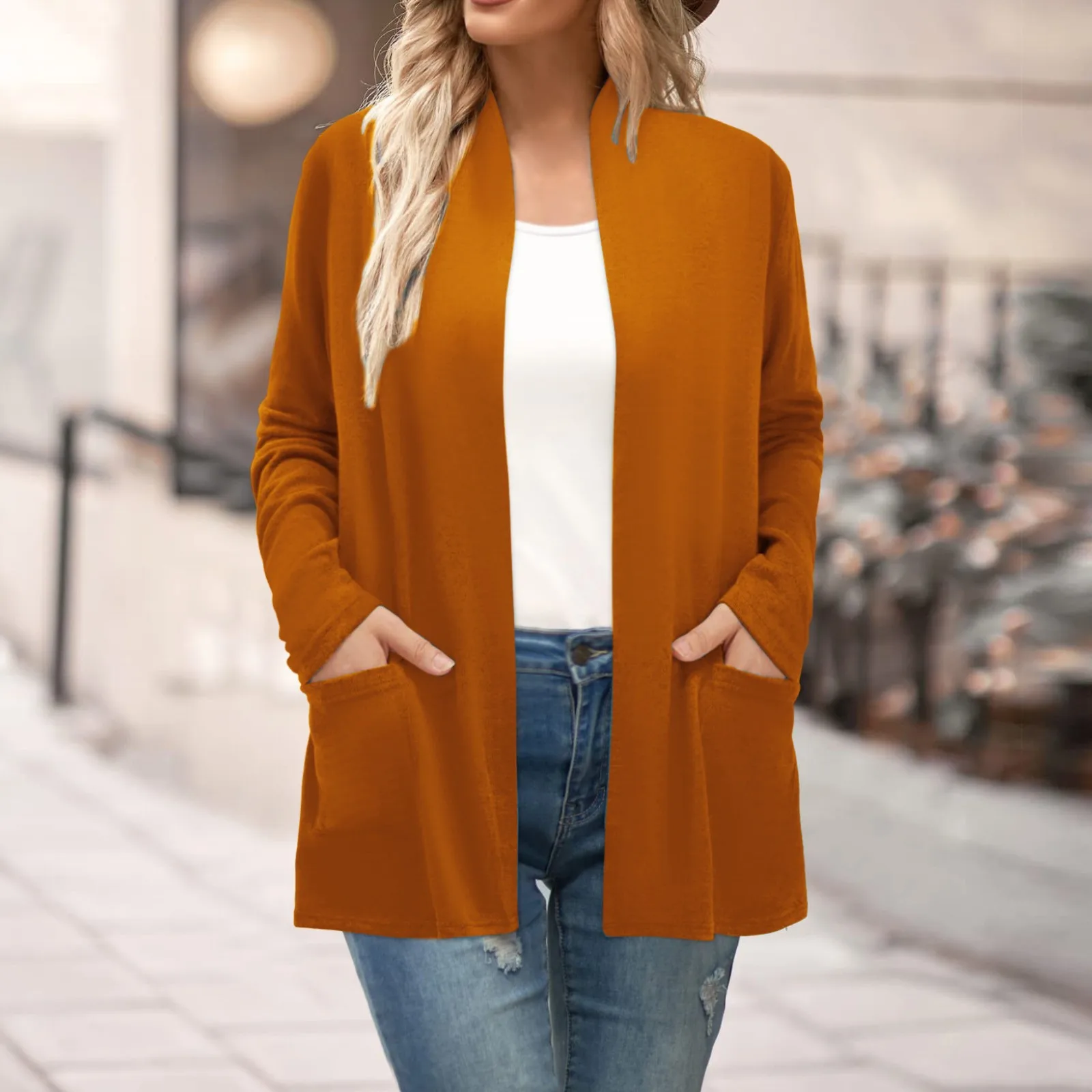 

Women'S Solid Color Simple Cardigan Jacket Slim Pocket Long Sleeve Top Beautiful Comfortable Stylish All Match Coat Casual Coats