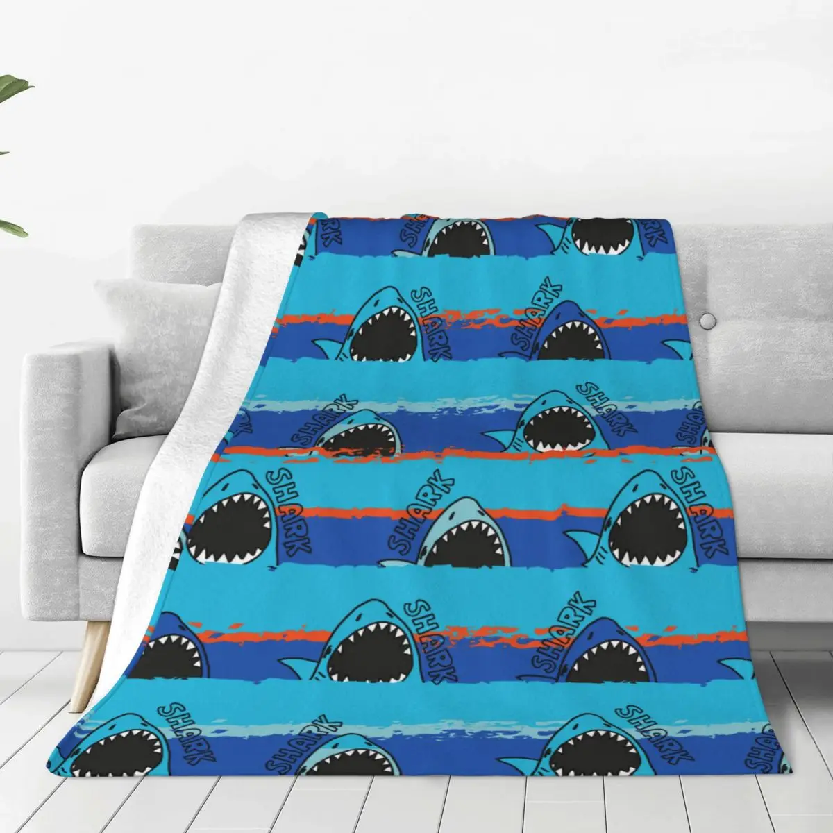 Cartoon Shark On Blue Strips Blanket Fleece Textile Decor Cozy Super Warm Throw Blankets for Bedding Car Bedspread