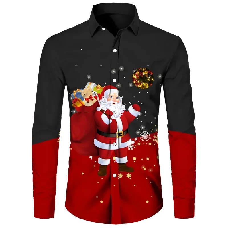 Ice and Snow Man Christmas Shirt Long Sleeve High end Men\'s Shirt Fashionable Daily Street 3D Printing Cool Hot Selling Santa Cl