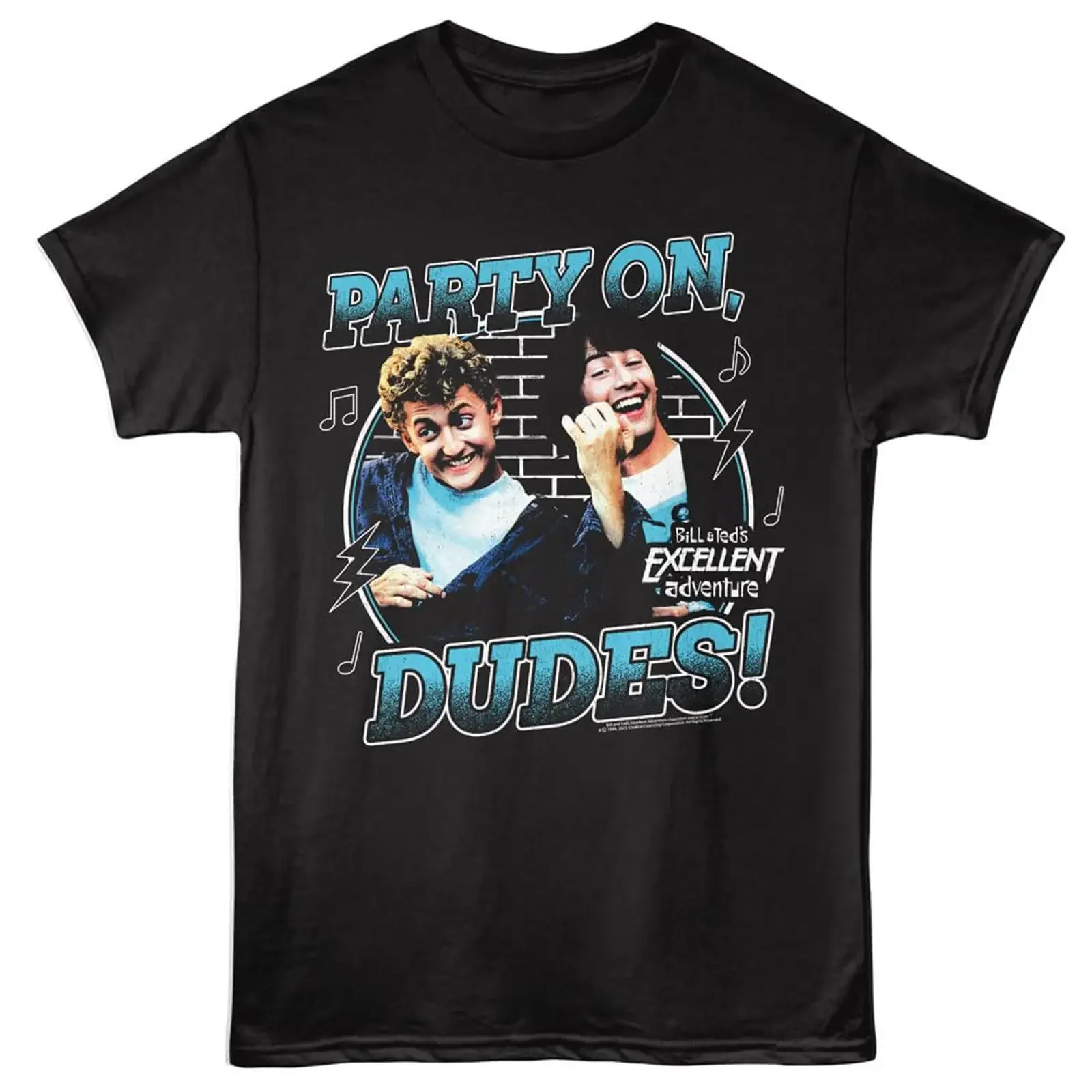 American Classics Bill Ted's Excellent Adventure Party On Dudes 80s Movie Black Crew Neck  T Shirt vintage Washed Casual