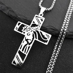 Christ God Cross Jesus Crown of Thorns Chain Necklace Men Stainless Steel Crucifix Necklace Jewelry colar masculino N8051S02