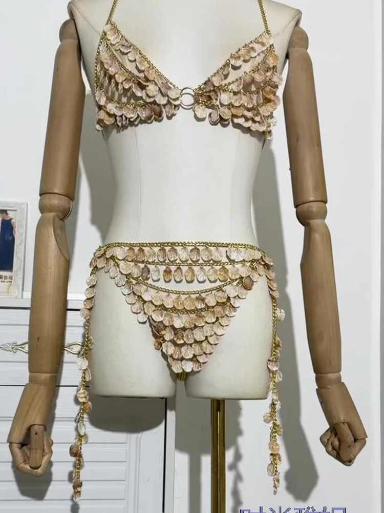 Golden Bead Body Chain Spicy Girl Shell Hanging Neck Strap Strapless Beach Sexy Outfit Bikini Bra Hollow Tassel Skirt Set