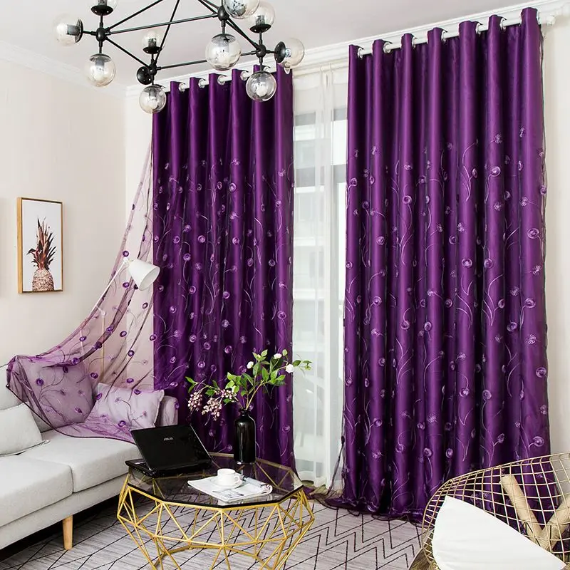 Purple Double Layer Curtain for Living Room Modern Style Floral Embroidery Tulle Sheer Curtain Plus Blackout Curtain for Bedroom