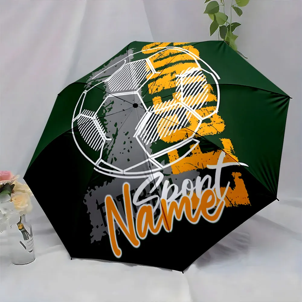 Custom Name Football-Themed Green Umbrella with Stylish Design Print 8 Iron Ribs Folding Umbrella, Auto-Open Fashion Sunshade