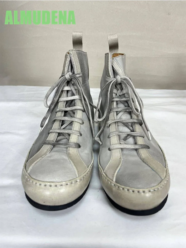 White Distressed Short Boots Couple's Shoes Retro Upturned Board Shoes Flat Bottomed Lace Up Casual Versatile High Top Shoes