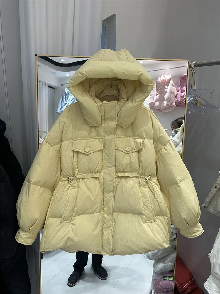 Casaco grosso de puffer estilo coreano feminino, 90% jaqueta de pato, com capuz, solto, casual, quente, Parkas femininas, outono, inverno