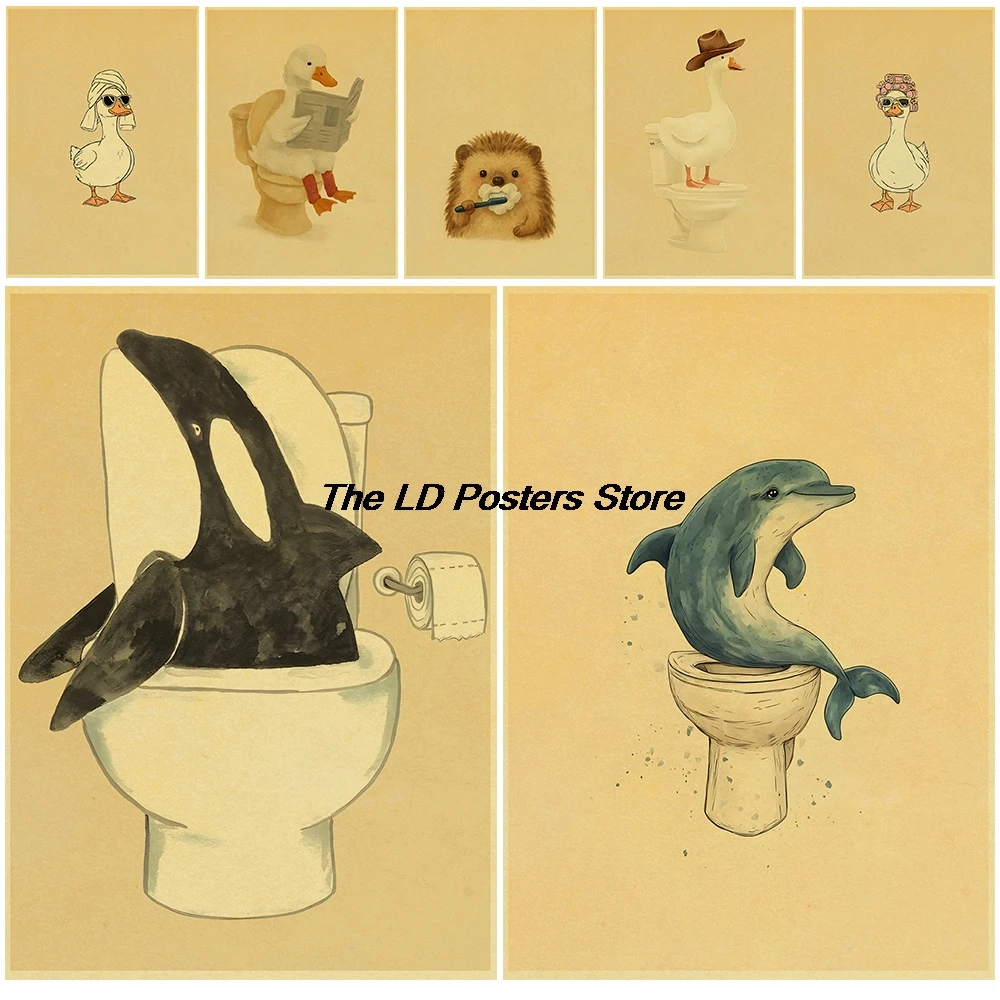 Cute Animal Bubble Bath Poster Kraft Paper Print Home Decoration Minimalist Style Cafe Gift Living Room Bedroom Painting