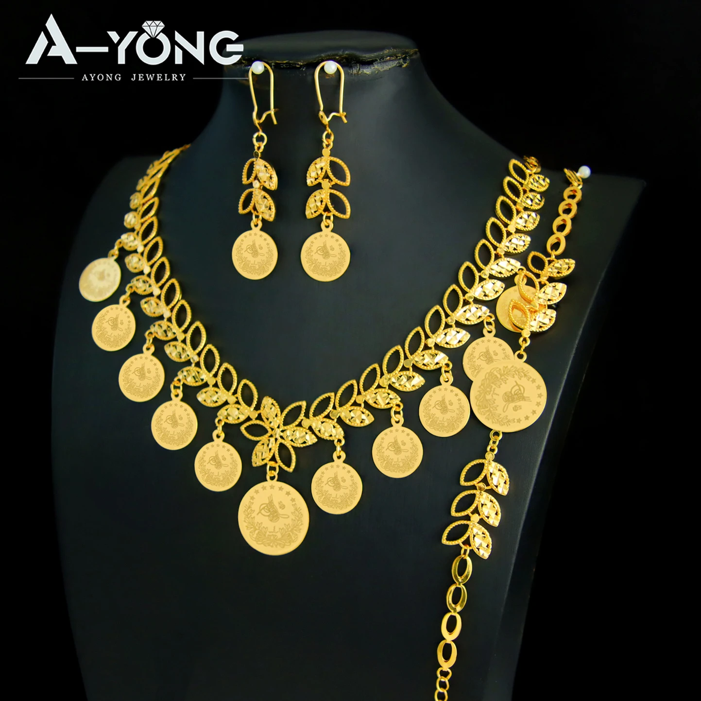 

Роскошный комплект ювелирных изделий с турецкими монетами, позолоченное 21 карат, арабское куриское ожерелье, браслет, серьги, Дубай, исламские свадебные украшения