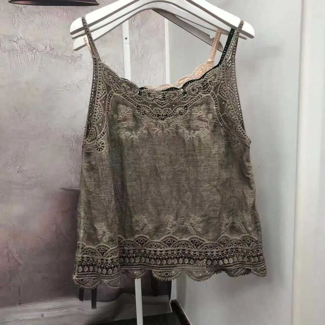 Top de Verão Versátil em Algodão Fino com Renda Artística Retro, Colete Crew Neck 2024 Primavera Verão