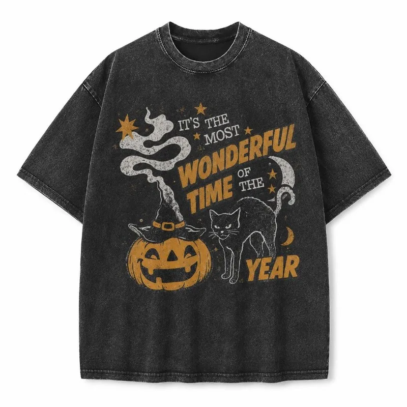 Vintage Halloween Gift Acid Wash Oversized T-Shirt Retro 90s Spooky Season Tee Pumpkin Witch Cat Shirt Unisex Cotton Graphic Tee