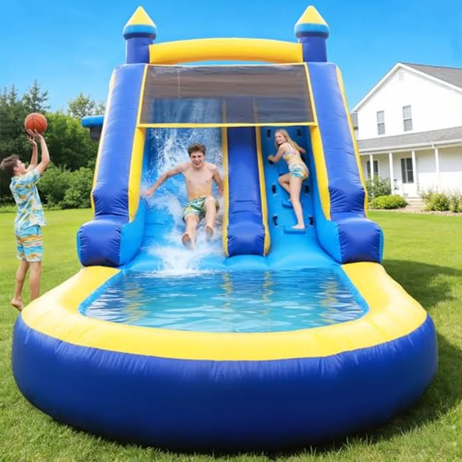 

Commercial inflatable water slide for backyard outdoor birthday parties: premium PVC, blue and yellow, wet dry use, big pool an