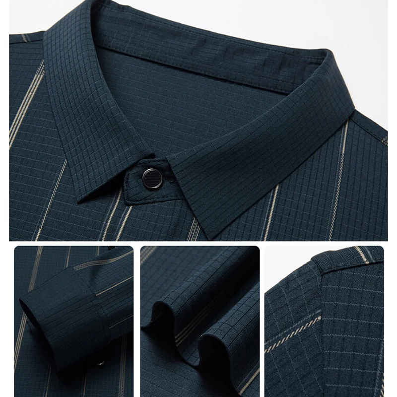 Spring 2024, Men\'s Seamless Vertical Striped Shirt, Square Neck Loose Fitting Business Casual Long Sleeved Shirt M-4XL
