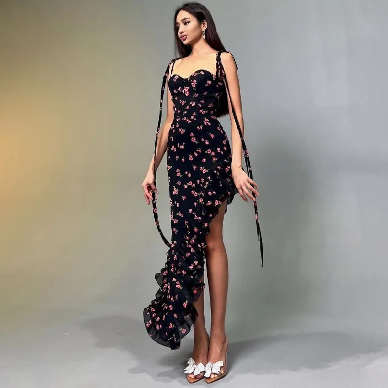 

New Irregular Ruffle Hem Lace Up Backless Long Dress Sexy Elegant Floral Print Summer Dresses for Women 2024 C70-DF30