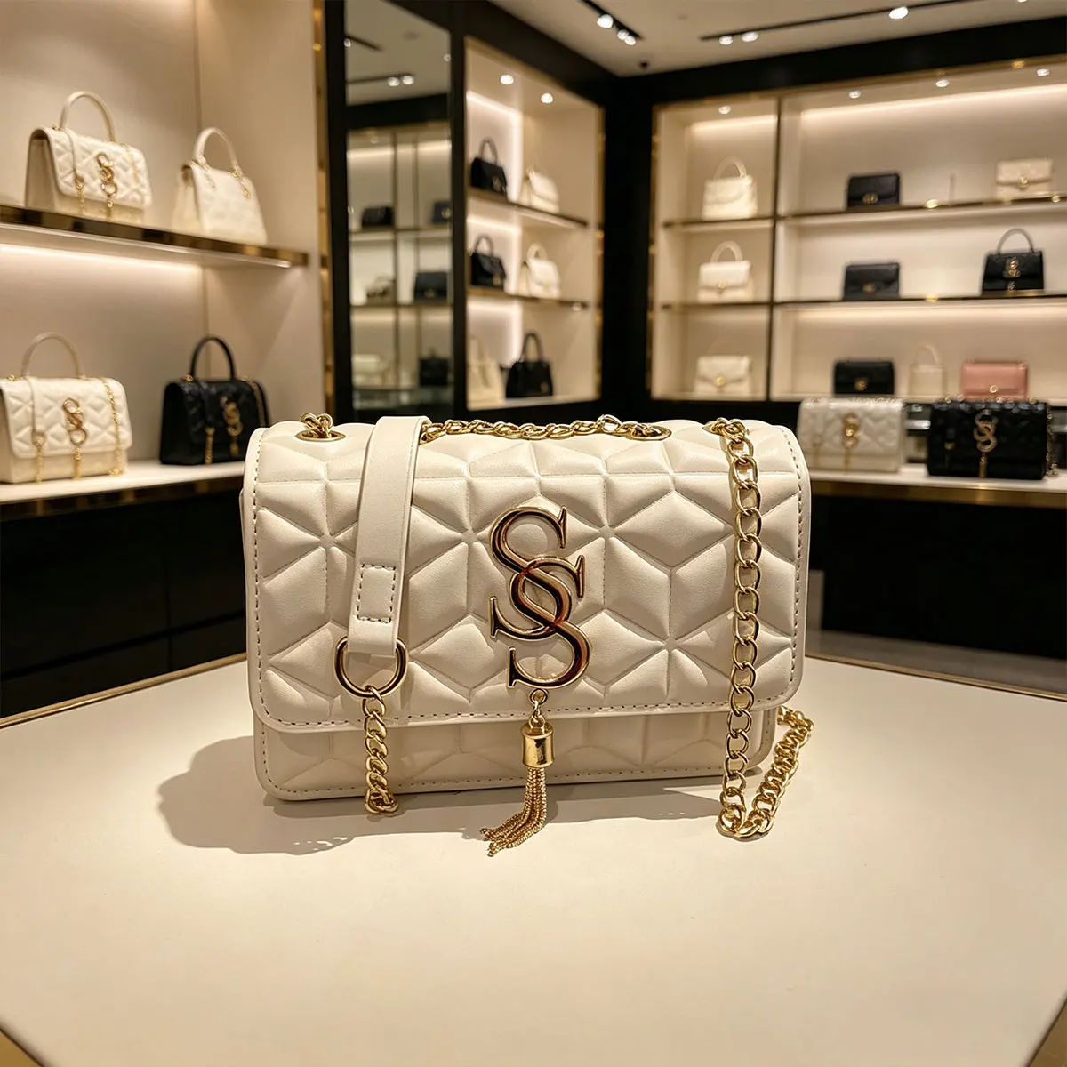 Fashionable Small Fragrant Style Argyle Quilted Small Square Bag, Metal Letter Tassel Crossbody Bag, Women Commuter Shoulder Bag