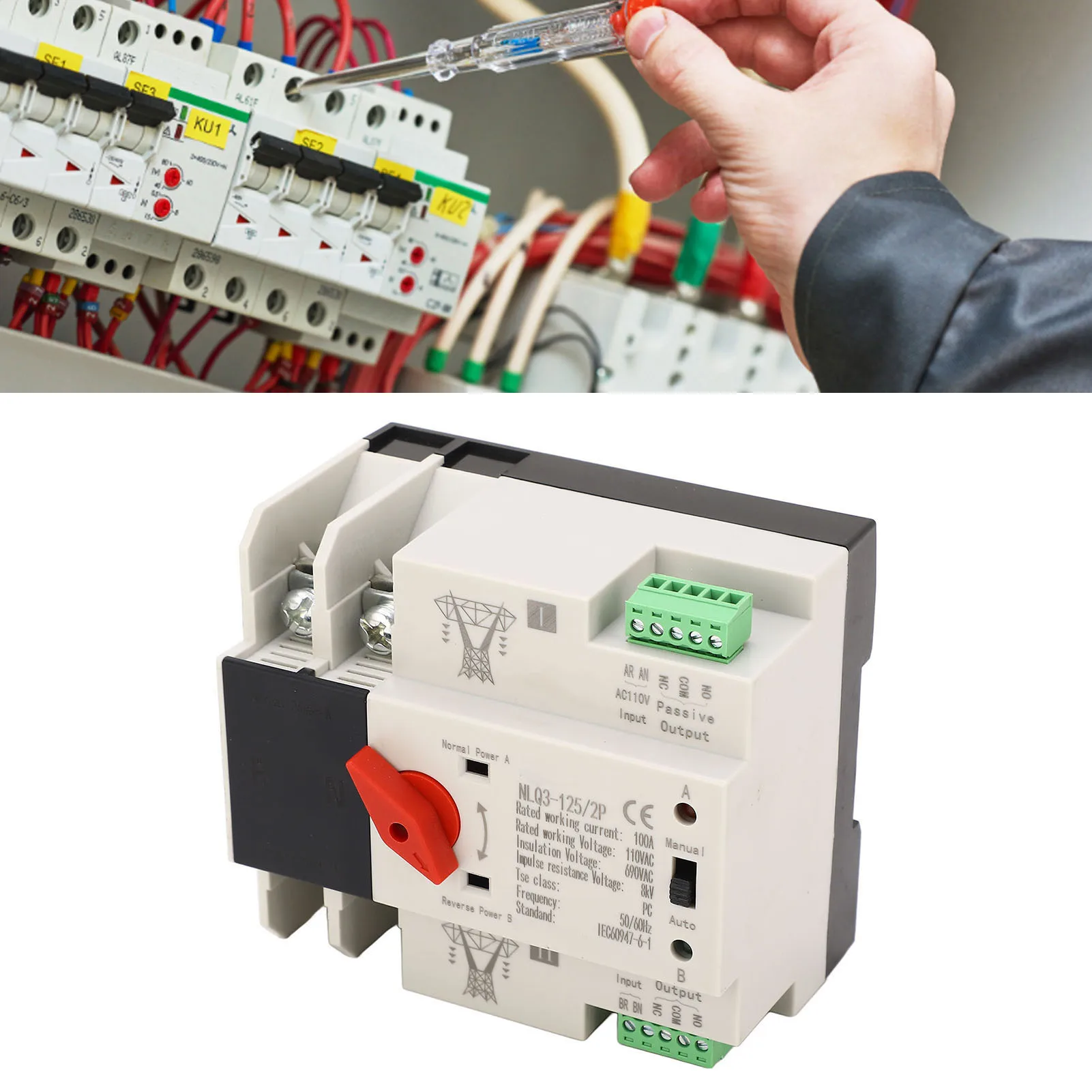 ATS Transfer Changeover  100A Dual Power Automatic Transfer  50Hz 60Hz 690VAC Insulation AC110V for Laboratories