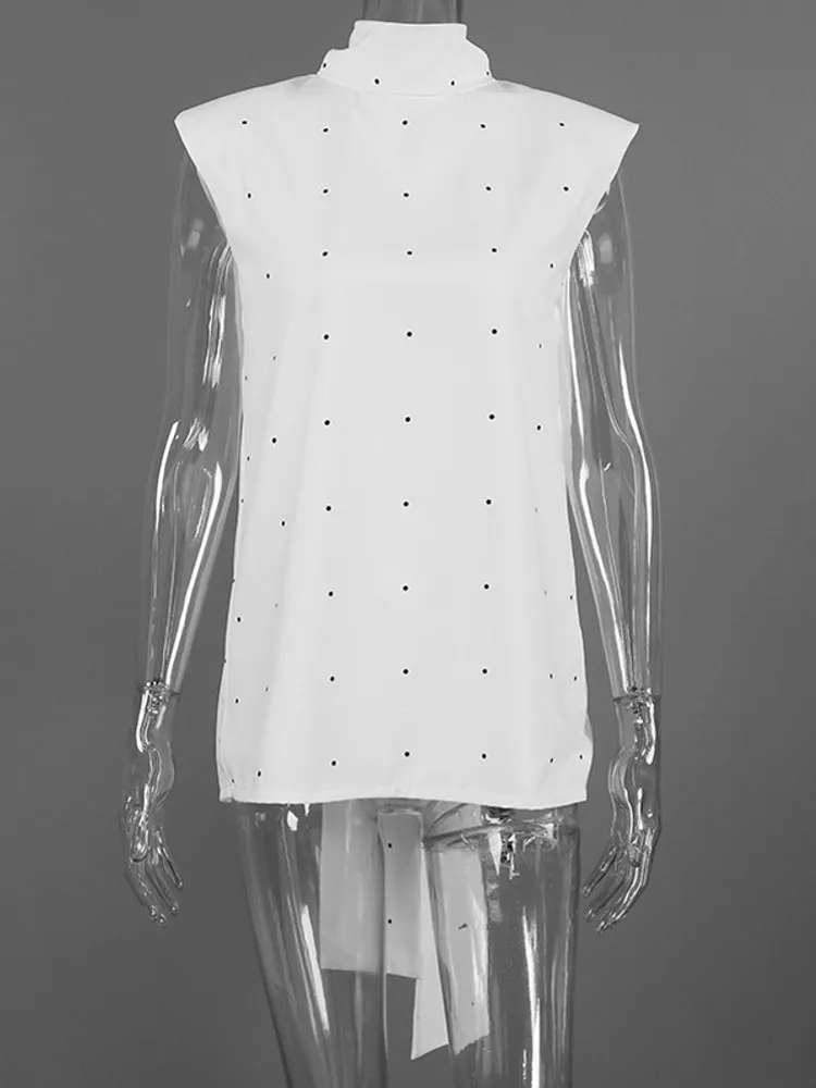 

Women Polka Dot Blouses White Summer Autumn Sleeveless Woman Blouse Shirt Office Elegant Work Shirt Top Blusas Mujer De Moda