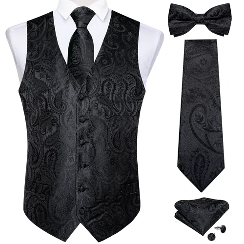 Chaleco de traje de Cachemira liso negro para hombre con corbata, pajarita, pañuelo, gemelos, chaleco Formal para esmoquin de boda y graduación