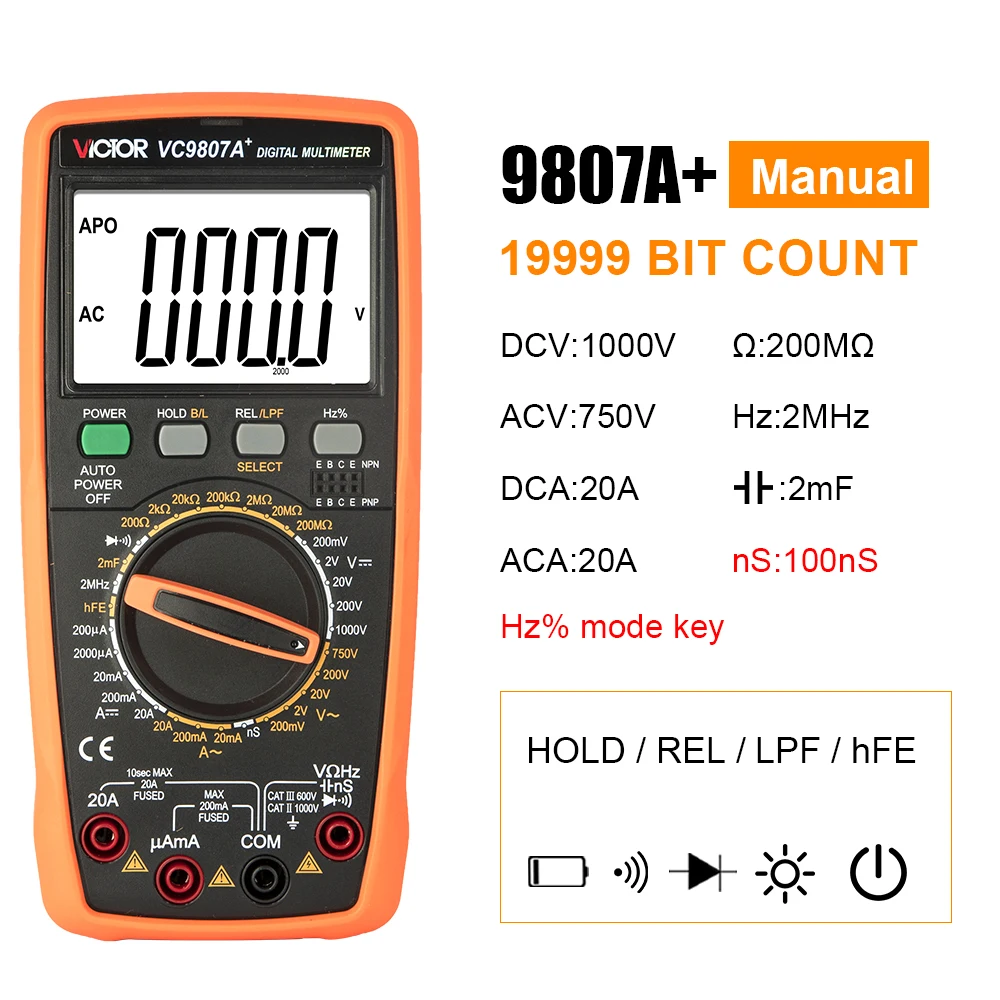 VC9807A + 4 1/2 Digitale DC AC 1000V 20A Tester Anti-interferenziale Antimagnetico Multimeter