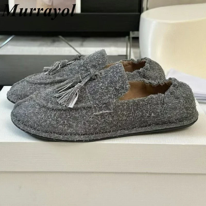 Lazy Loafers Tassel Decor Round Toe Flats Women's Genuine Leather Solid Color Single Shoes Spring Autumn Office Shoes Mules
