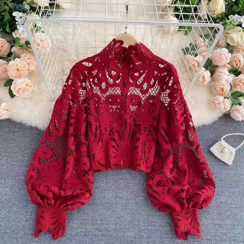 New Sexy Lace Hollow Out Short Blouses Women Casual Lantern Long Sleeve Elegant Solid Shirts Female Vintage Autumn Fashion Tops