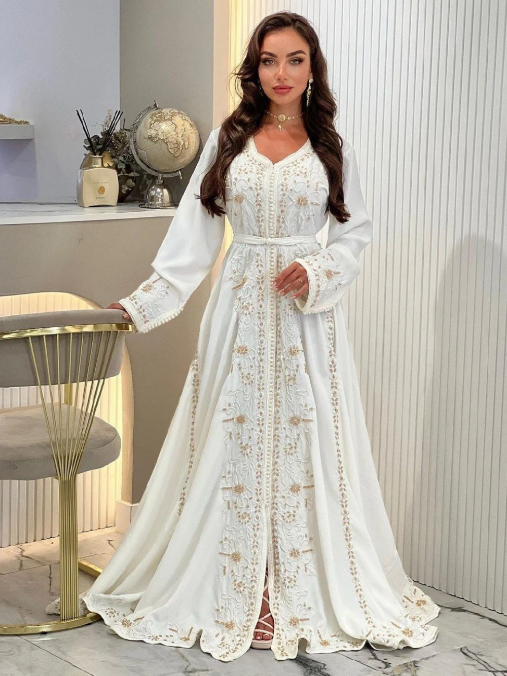 Kaftan frisado apliques vestidos de noite festa a linha manga longa árabe personalizado muçulmano até o chão vestido robe de mariée