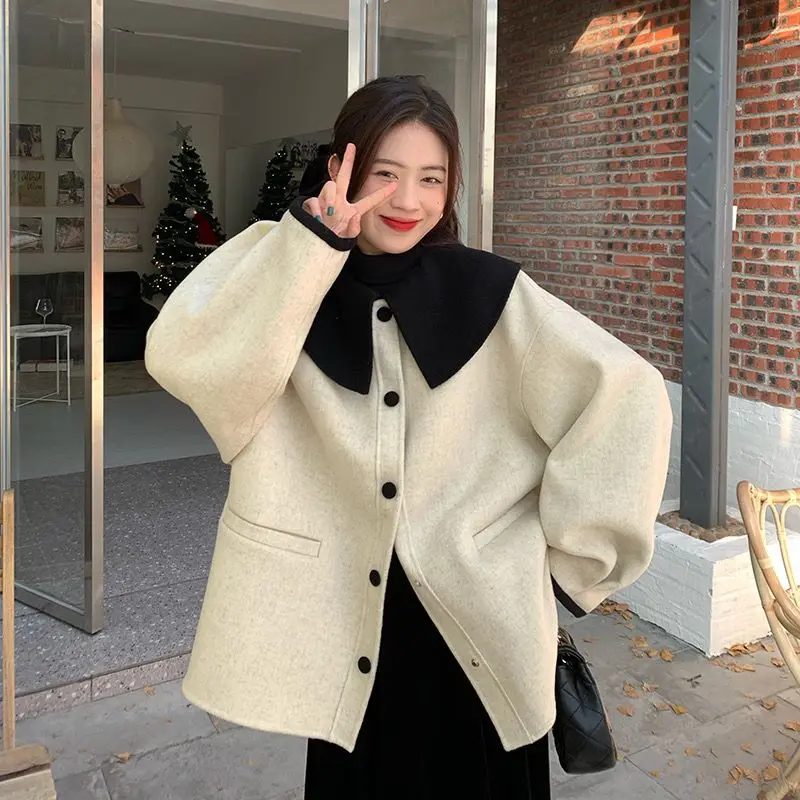 

Woolen Coat Doll Collar Contrasting Color Elegant Women'S Korean Style Short Wool Coat Sweet Short Jacket Street Casual Coat