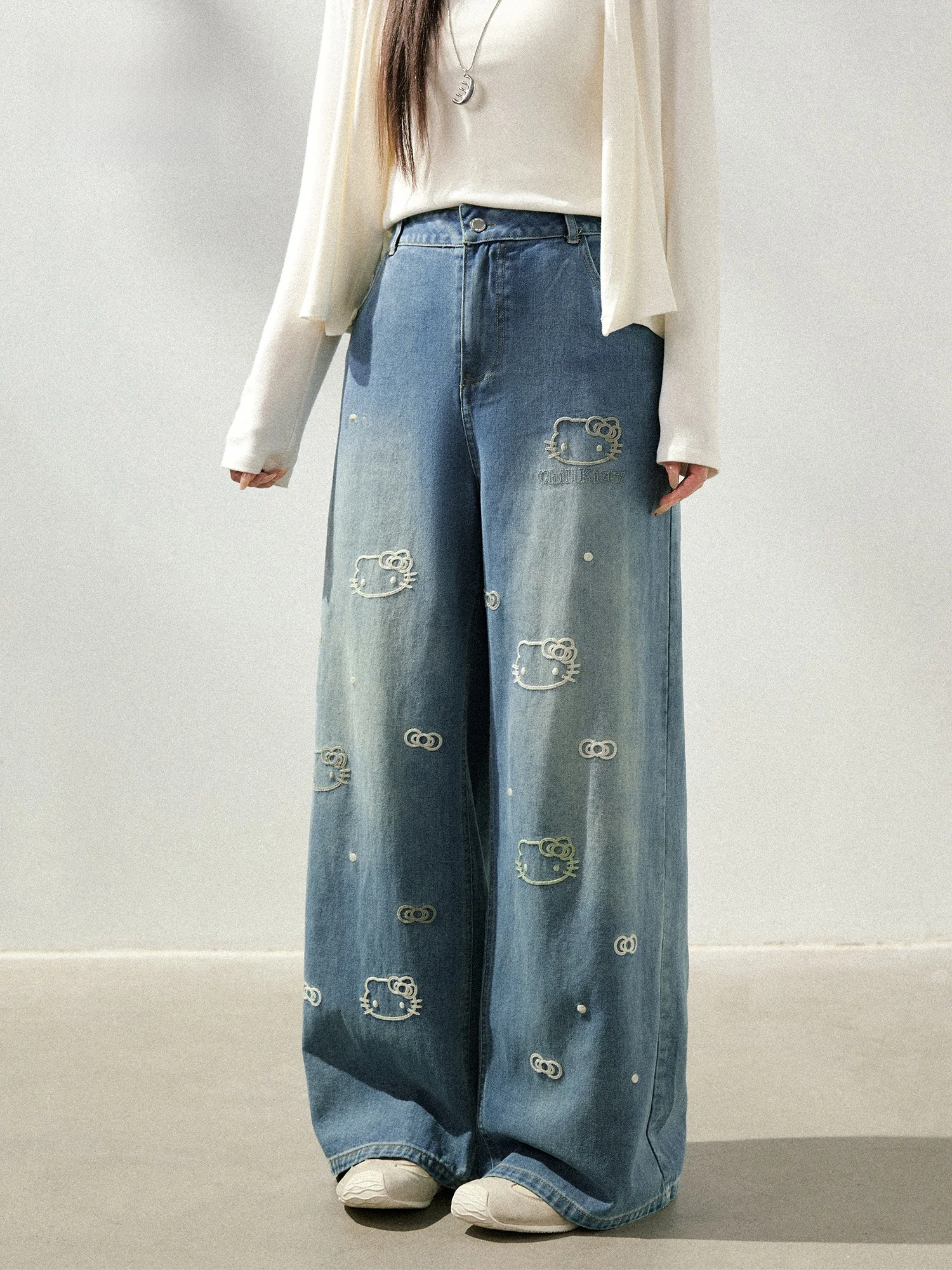 

High Waist Wide Leg Jeans Women's plus Size Faionable Commute Sle Kit Print Waed Denim Pants Spring Season Ladies