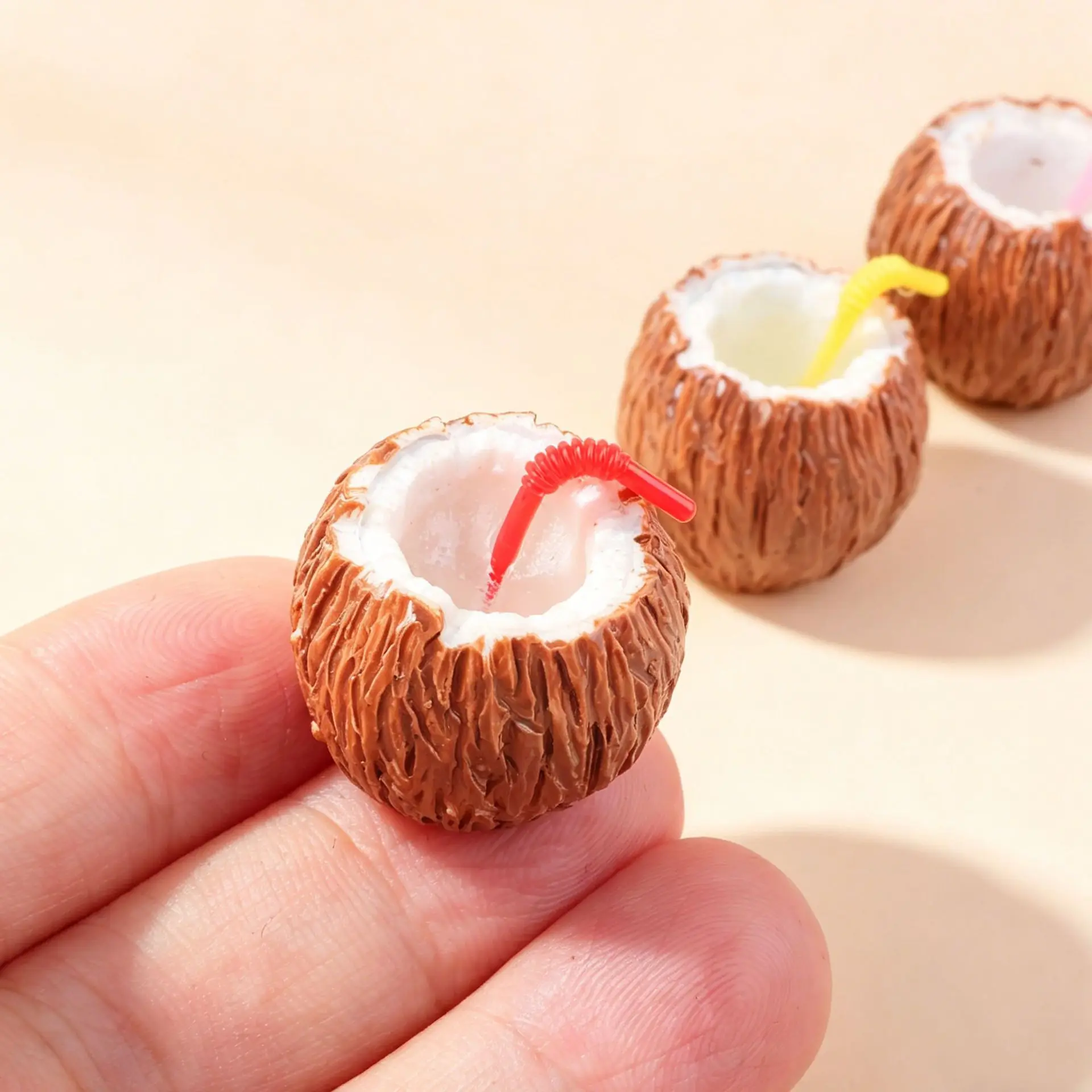 3pcs Mini Coconut with Straw Dessert Model Cute Miniature Food Coconut Resin Accessory DIY Dollhouse Decoration Craft Ornament