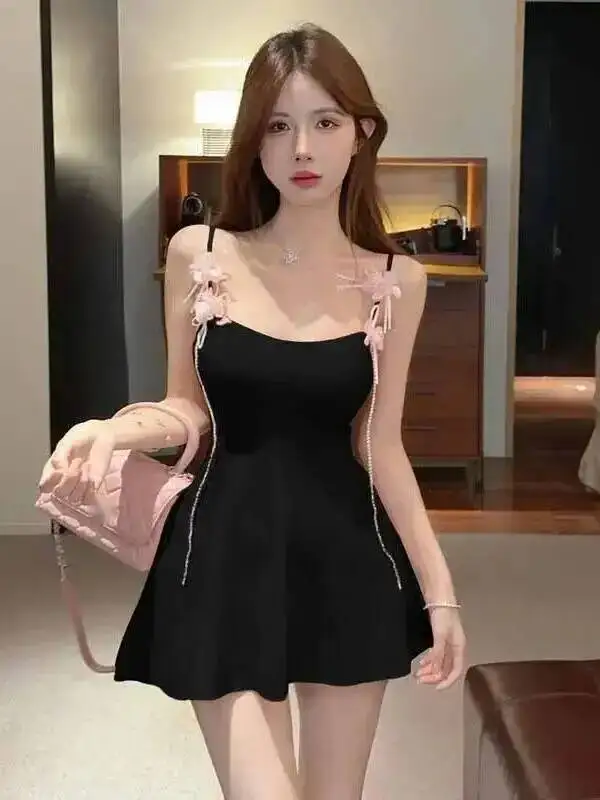 2026 Summer Sweet Flower Sleeveless Square Neck Sling Dress Women Cinching Waist Wrap Hip A-line Solid Slim Short Dress HLXU